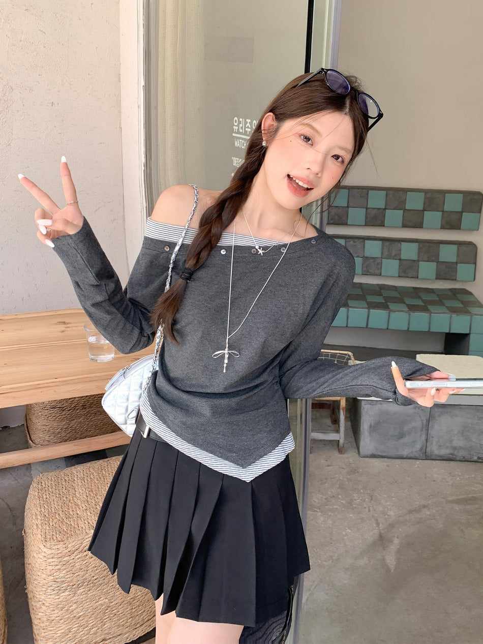 Gray Asymmetrical Off-Shoulder Women Base Shirt