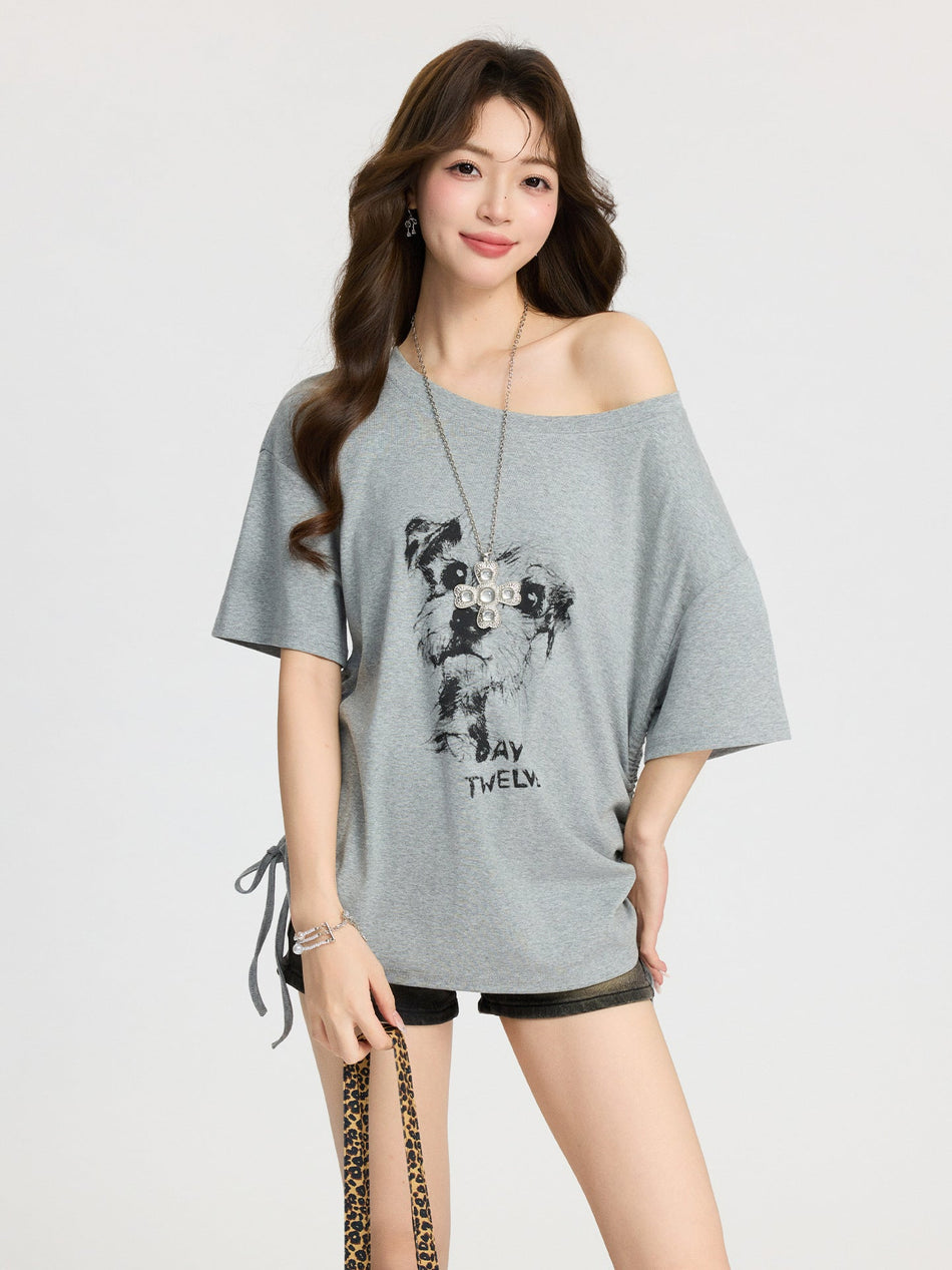 Gray Puppy Print Loose T-Shirt Women Summer Top