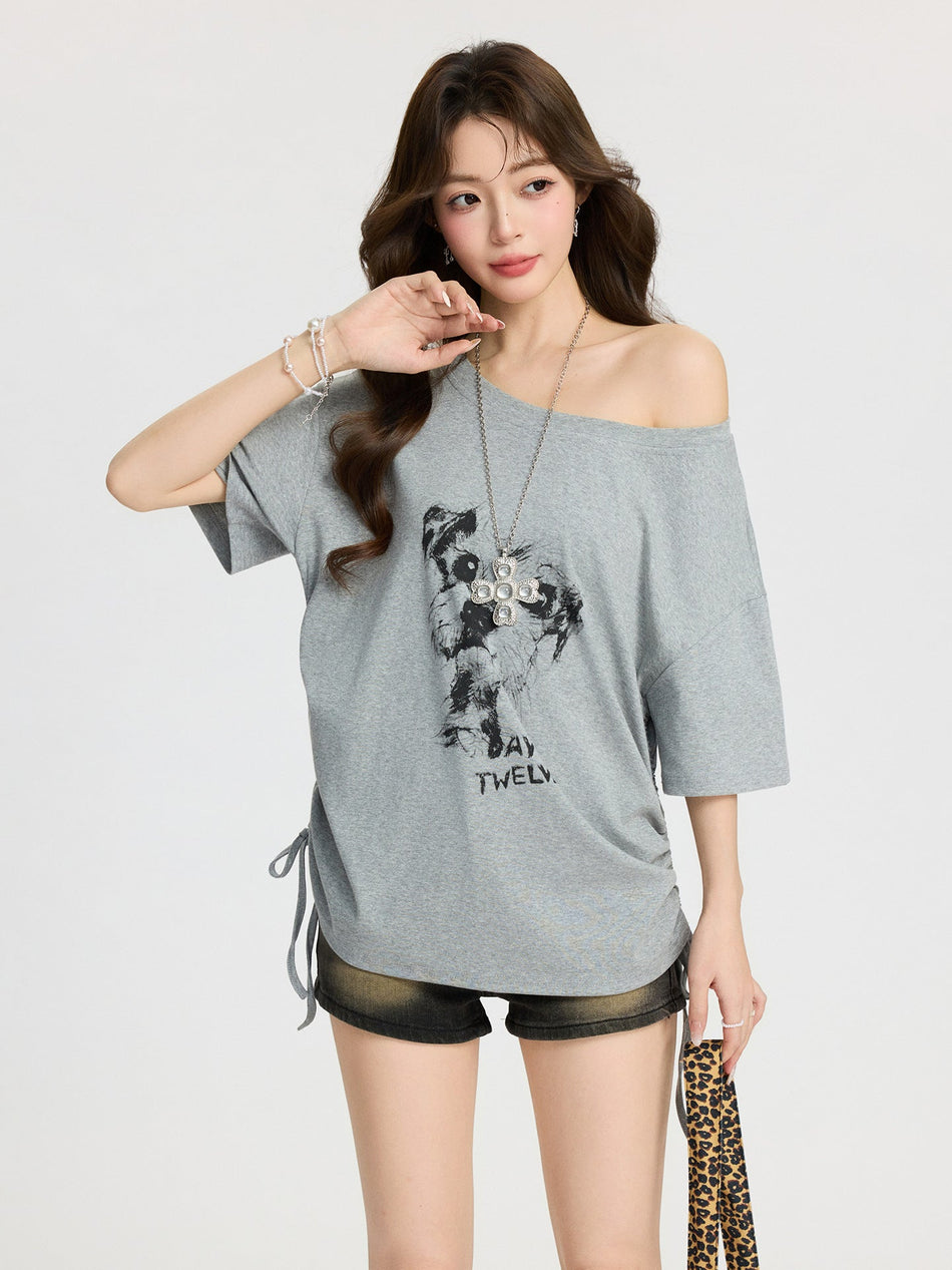 Gray Puppy Print Loose T-Shirt Women Summer Top