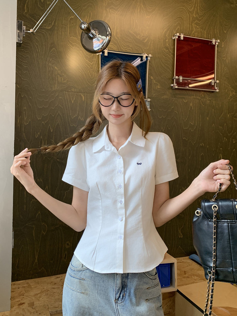Korean Bow Polo Collar Women Summer Shirt