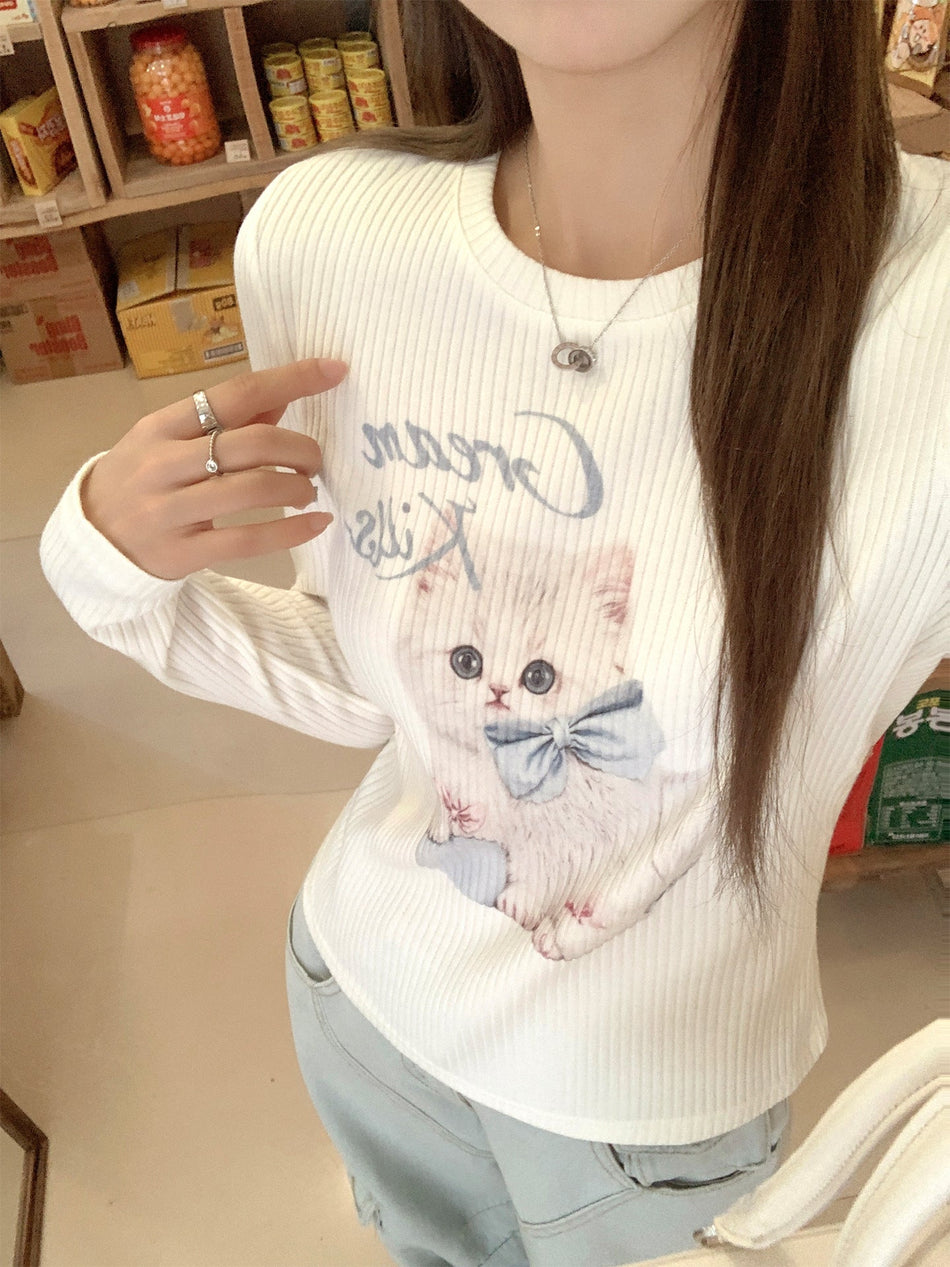 Cat Print White Slim Fit Women Autumn Top