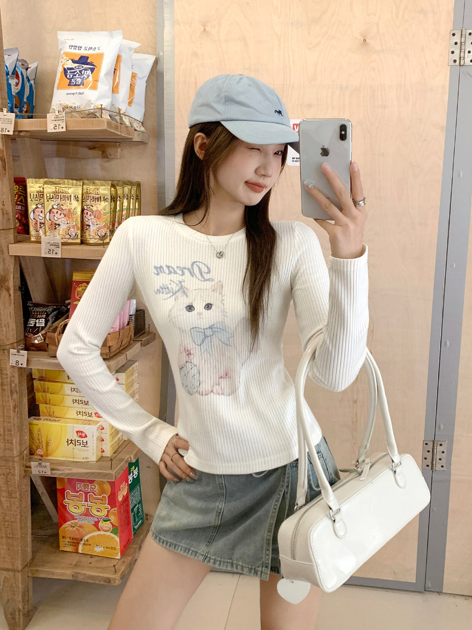 Cat Print White Slim Fit Women Autumn Top
