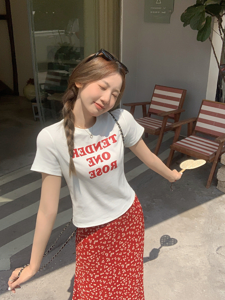 Korean White Letter Print Women Summer T-Shirt