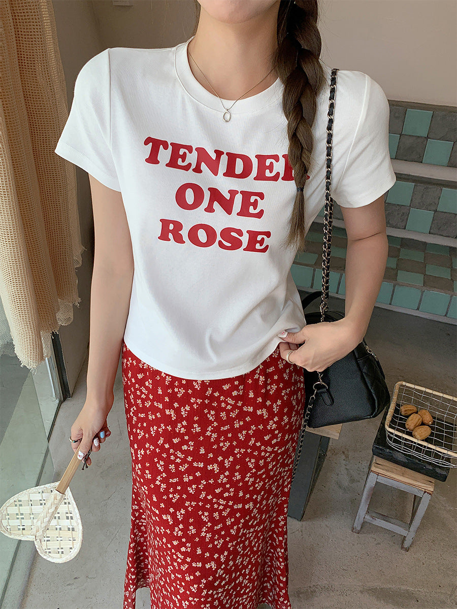 Korean White Letter Print Women Summer T-Shirt