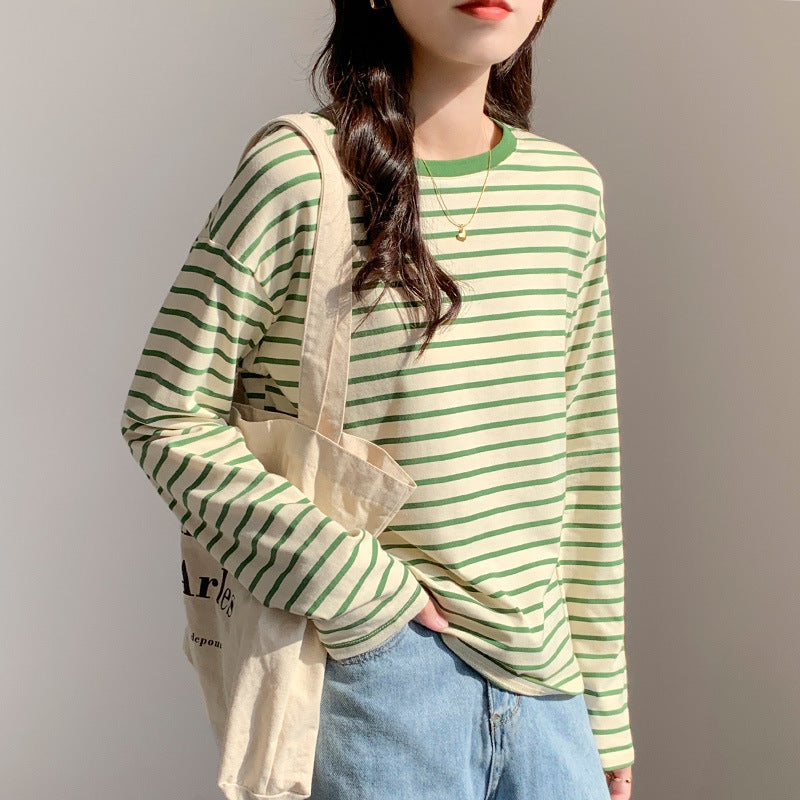 Green Striped Loose Women Cotton Layering Top