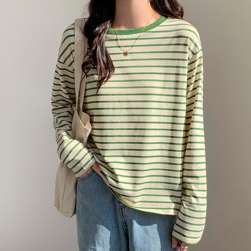 Green Striped Loose Women Cotton Layering Top