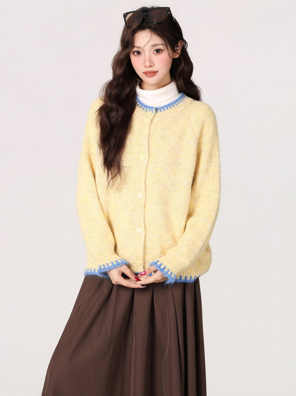 Yellow Knitted Button Cardigan Women Winter Sweater