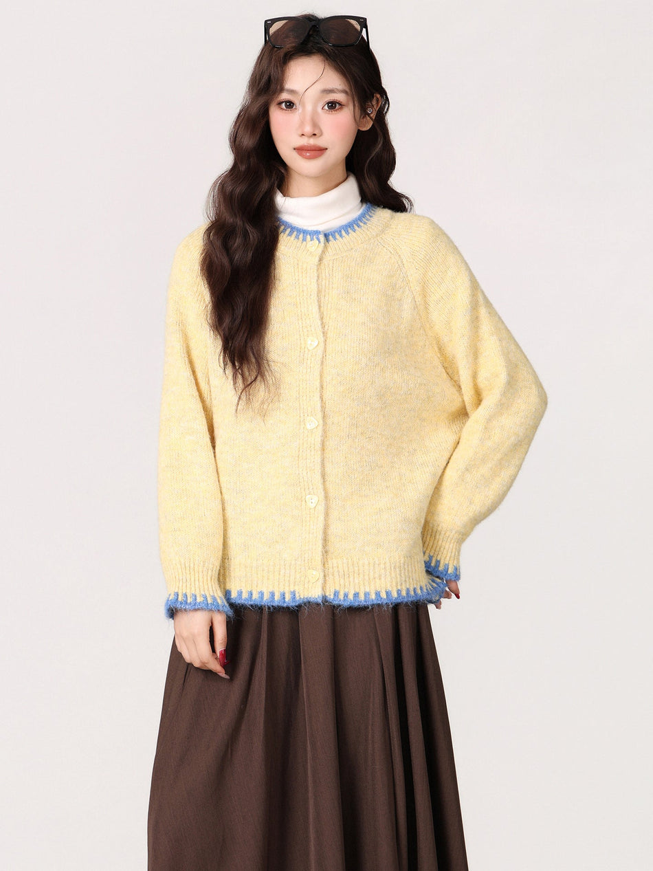 Yellow Knitted Button Cardigan Women Winter Sweater