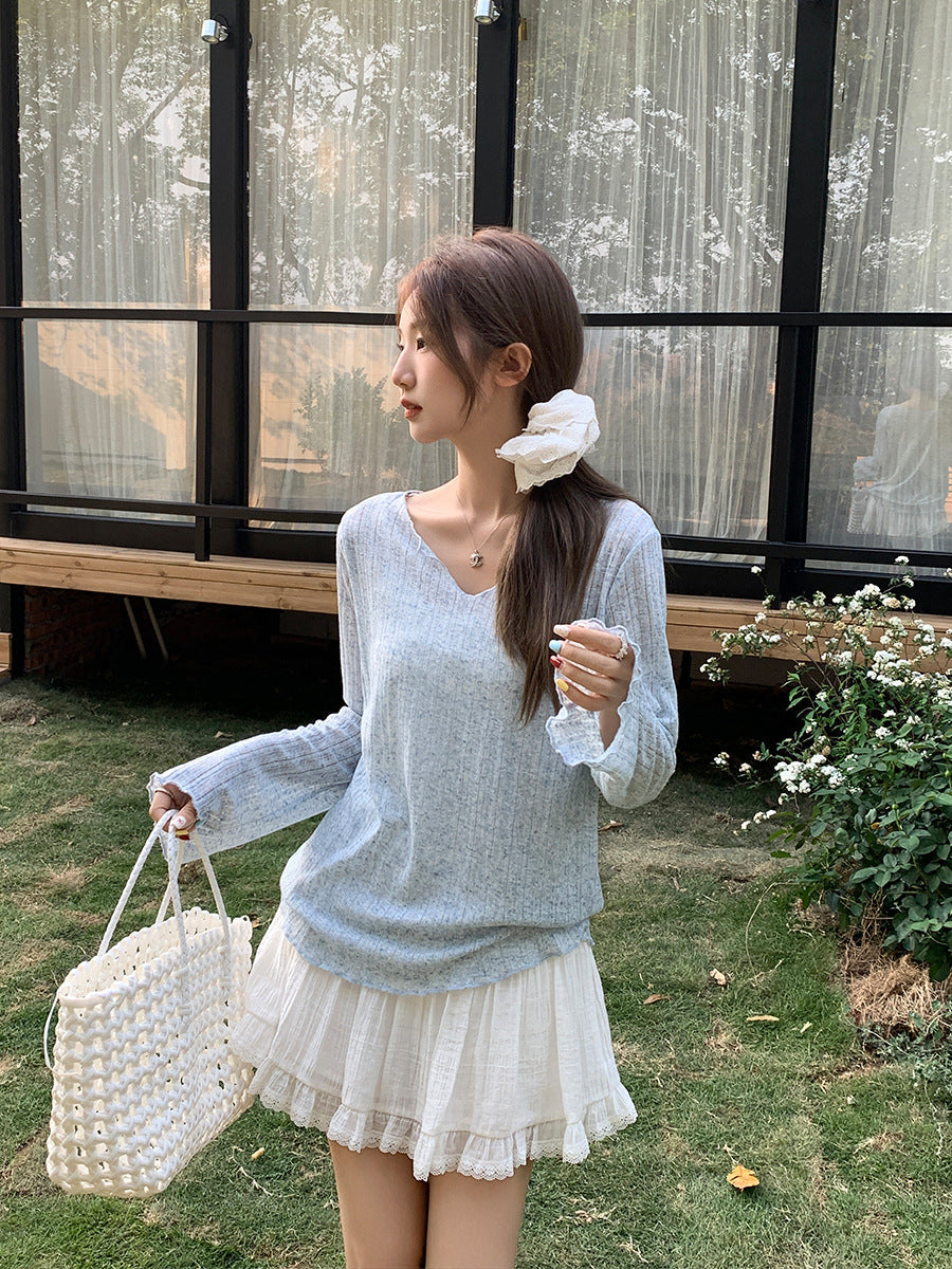 Blue Lightweight Sunscreen V-Neck Long Sleeve Top