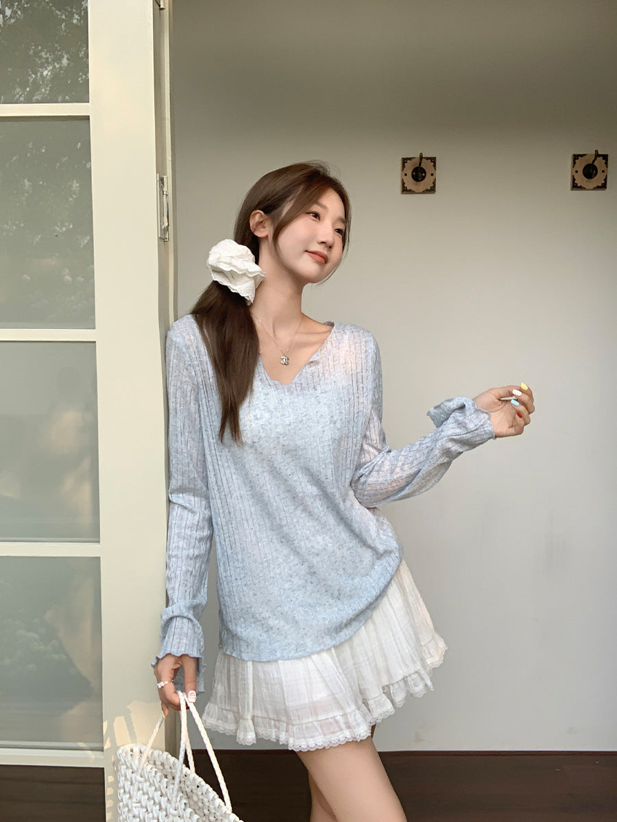 Blue Lightweight Sunscreen V-Neck Long Sleeve Top
