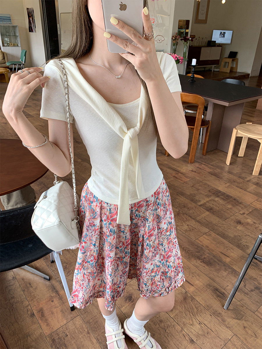 Chic Fake Two-Piece Strap Short Sleeve T-Shirt