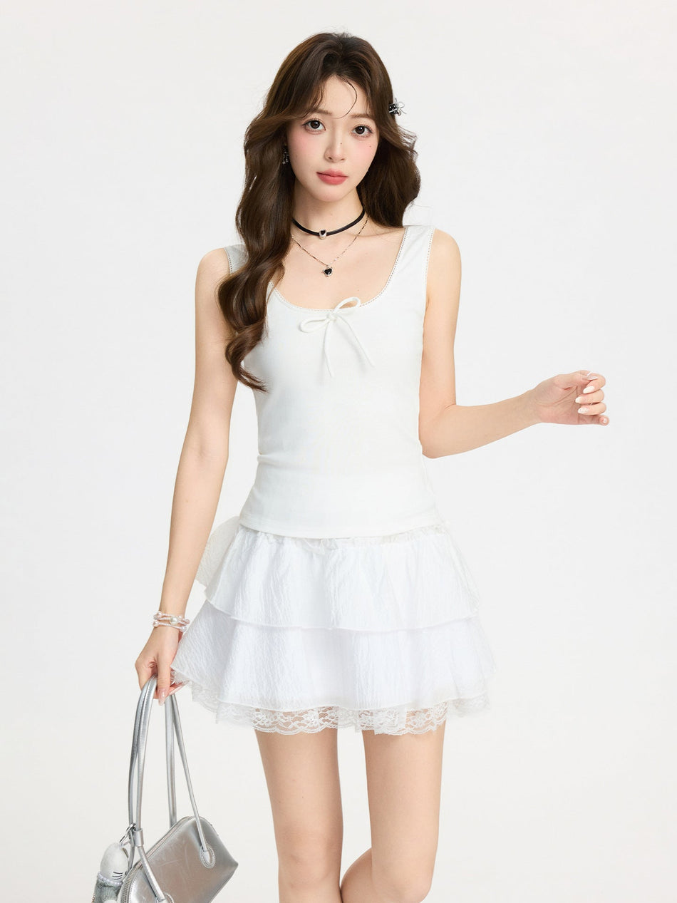 Korean Style White Bow Lace Slim Fit Camisole Top