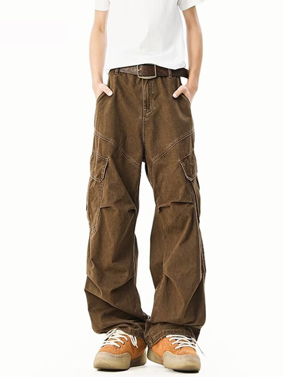 Men’s Coffee Cargo Pants – Multi-Pocket Retro Wide-Leg