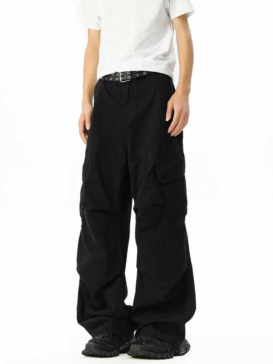 Men’s Coffee Cargo Pants – Multi-Pocket Retro Wide-Leg