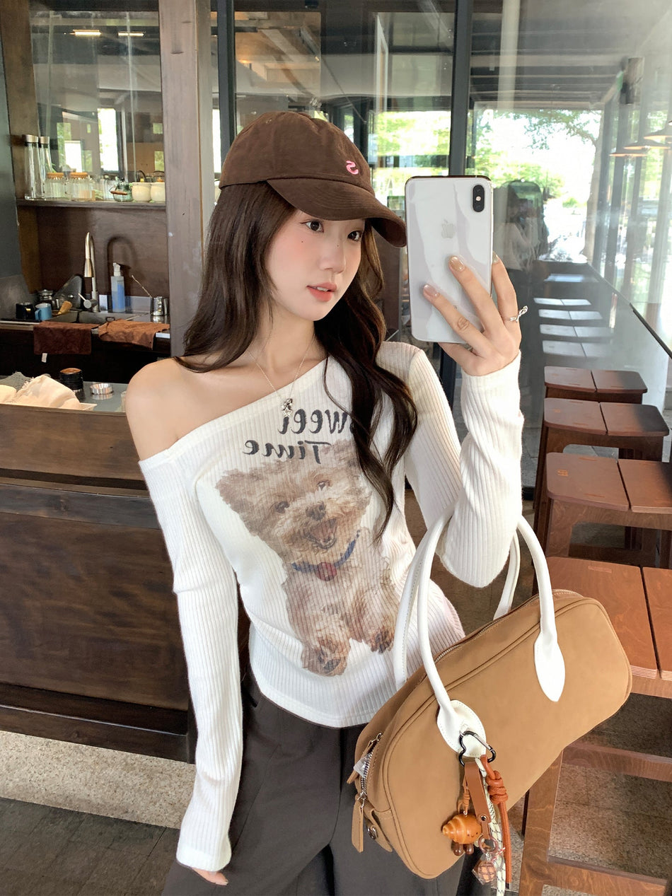 Off Shoulder Asymmetrical Printed Long Sleeve Top Women