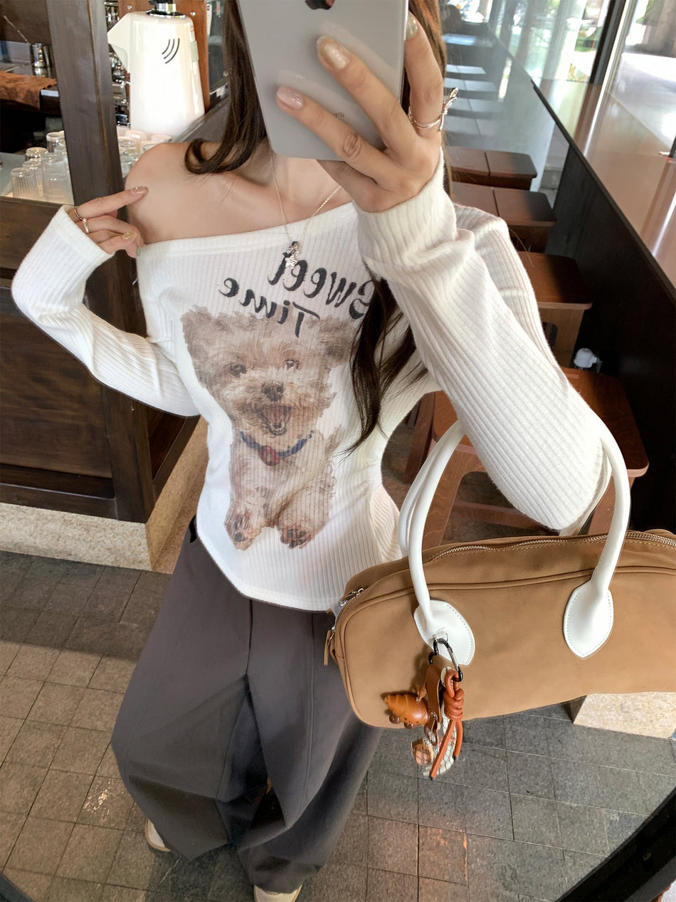 Off Shoulder Asymmetrical Printed Long Sleeve Top Women