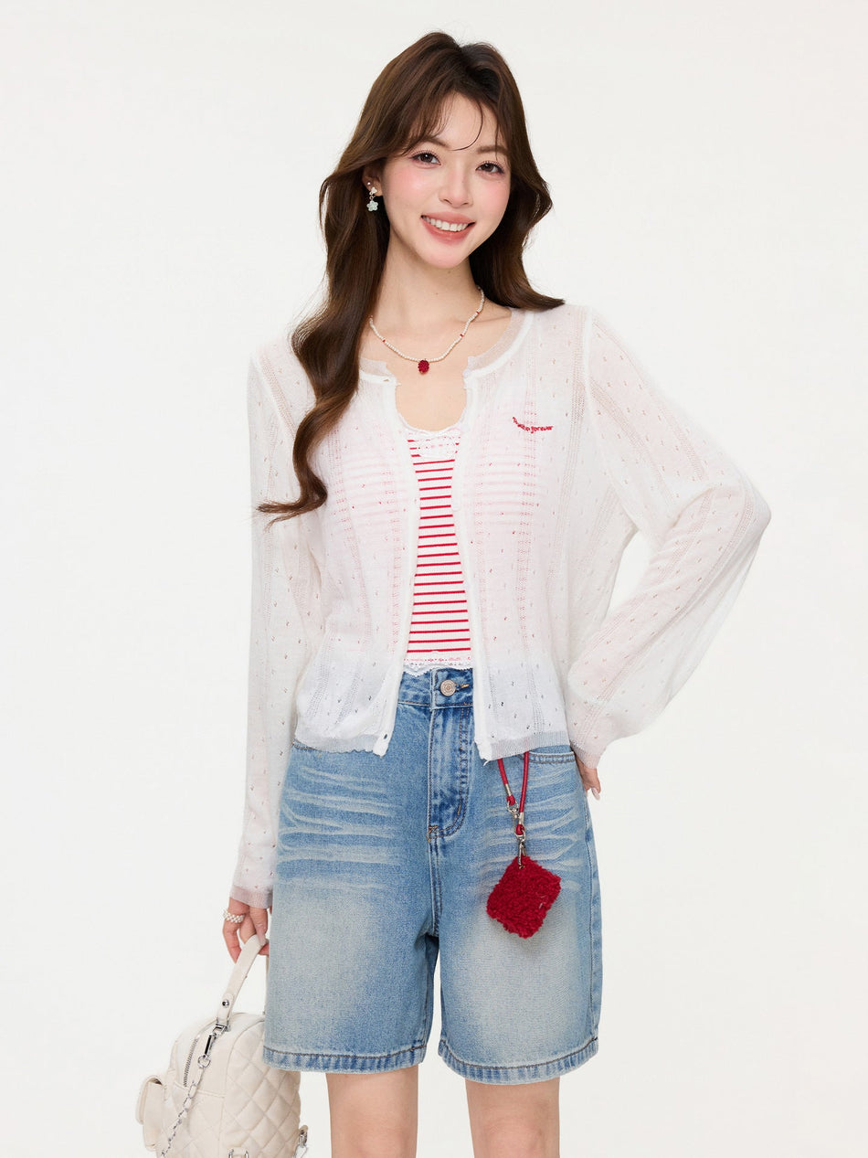 White Sheer Knit Cardigan Long Sleeve Women Top