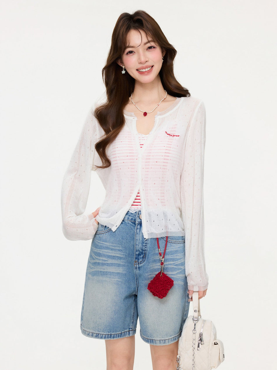 White Sheer Knit Cardigan Long Sleeve Women Top