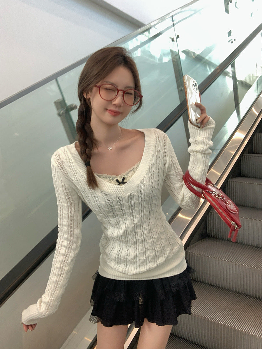 Striped V-Neck Knitted Sweater Women Slim Fit Top