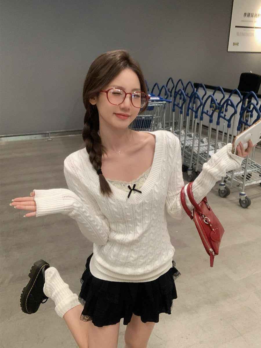 Striped V-Neck Knitted Sweater Women Slim Fit Top
