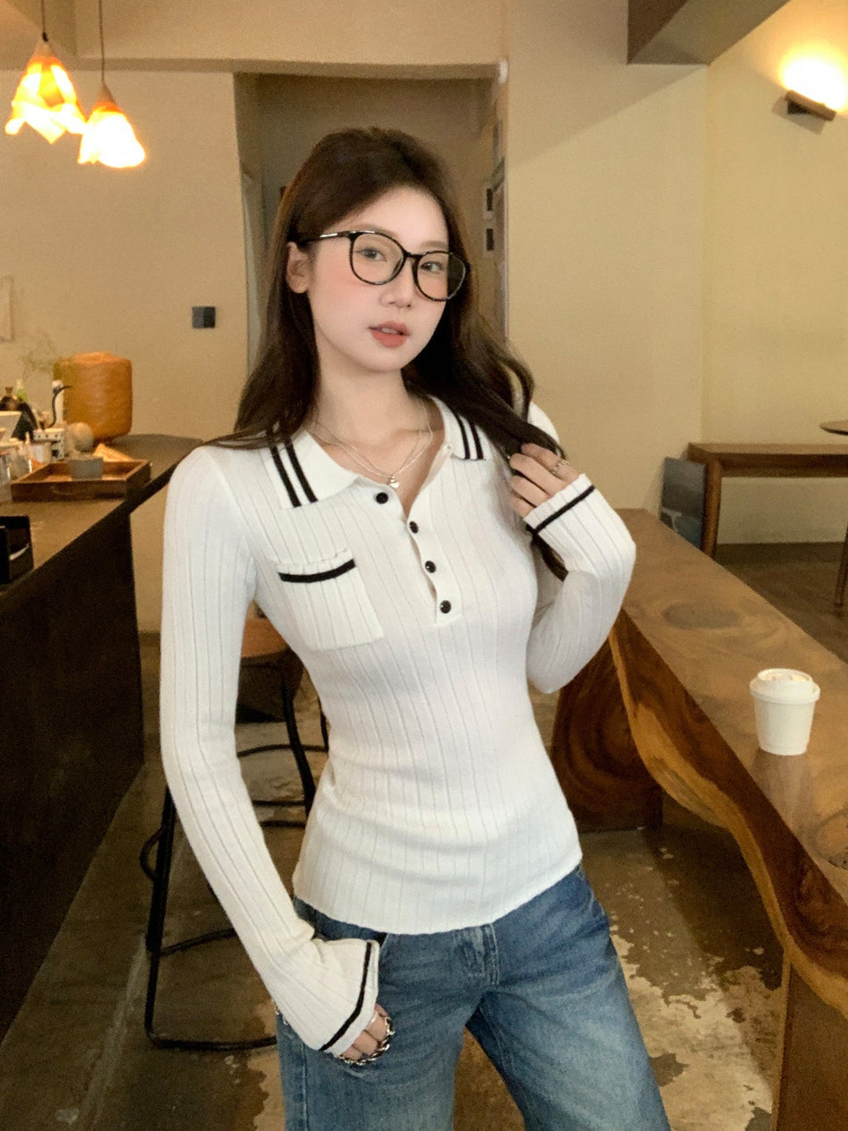 White Polo Collar Knitted Slim Fit Long Sleeve Top