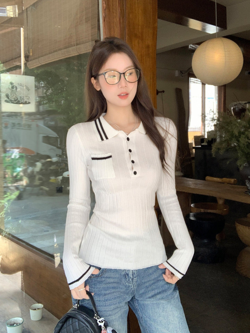 White Polo Collar Knitted Slim Fit Long Sleeve Top