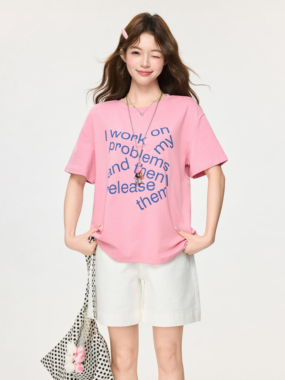 Letter Print Round Neck Short Sleeve T-Shirt Women