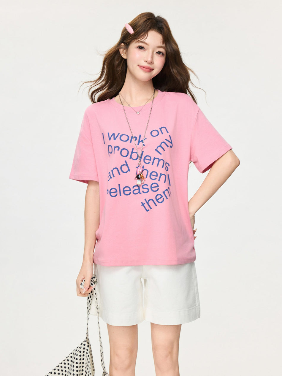 Letter Print Round Neck Short Sleeve T-Shirt Women