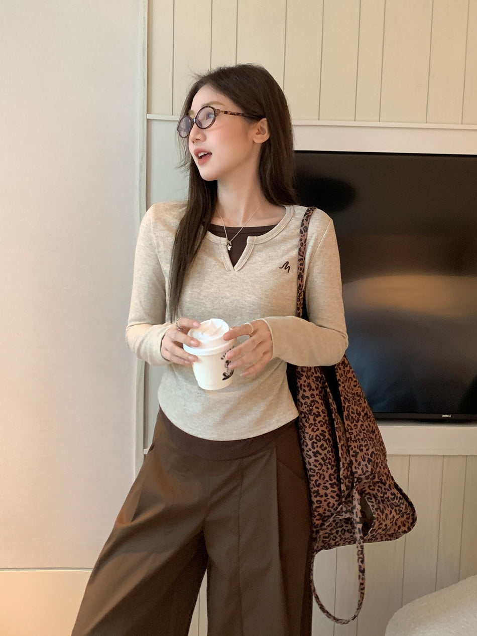 Embroidered Fake Two-Piece Slim Fit Long Sleeve Top