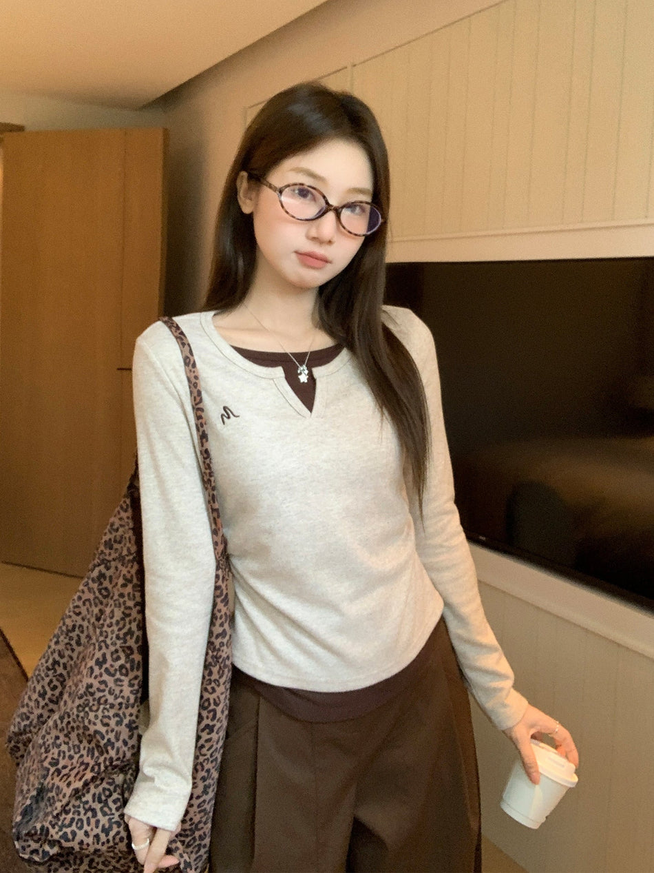 Embroidered Fake Two-Piece Slim Fit Long Sleeve Top