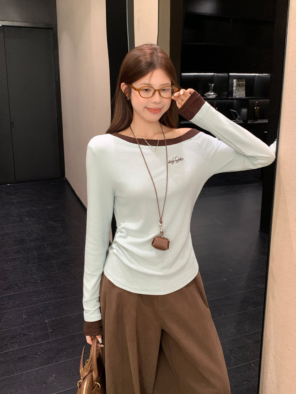 Green Off Shoulder Embroidered Slim Fit Long Sleeve Top