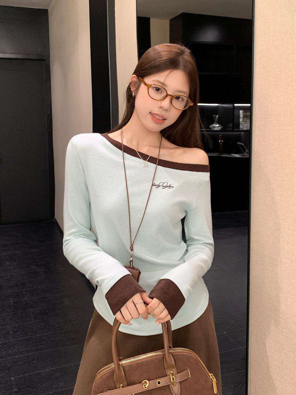 Green Off Shoulder Embroidered Slim Fit Long Sleeve Top
