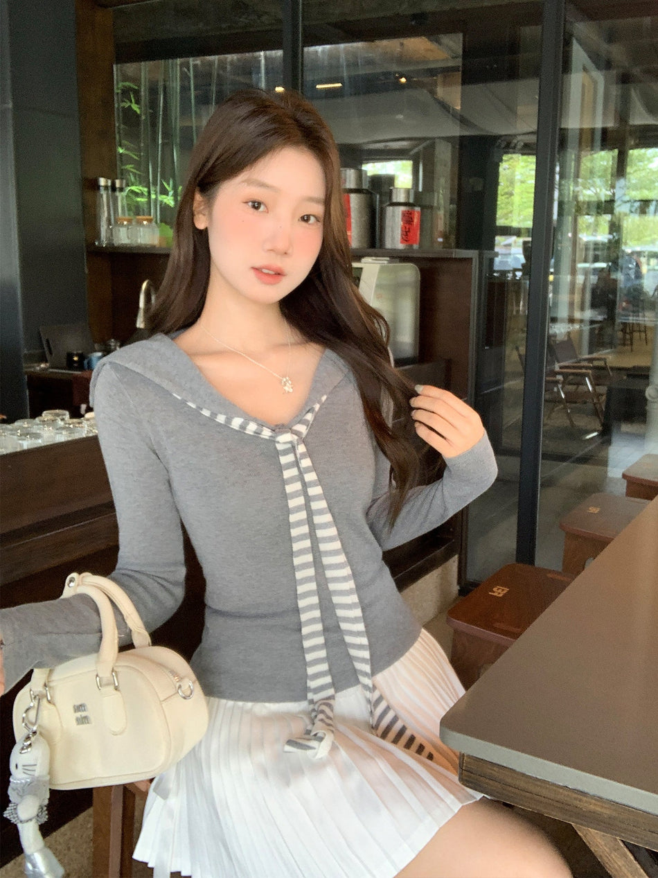 College Style Striped Navy Collar Long Sleeve Top