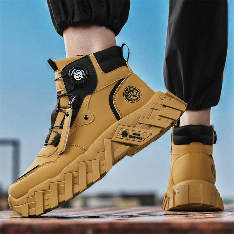 Men’s Yellow Rotating Button Boots – Thick Sole Work Shoes