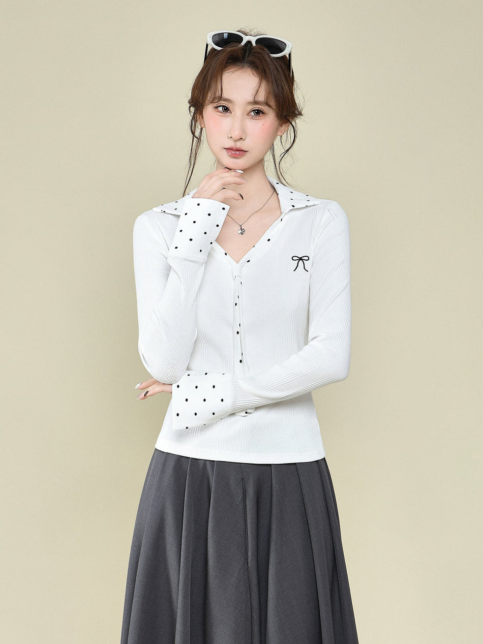 White Polka Dot Lace Bow Slim Fit Long Sleeve Top