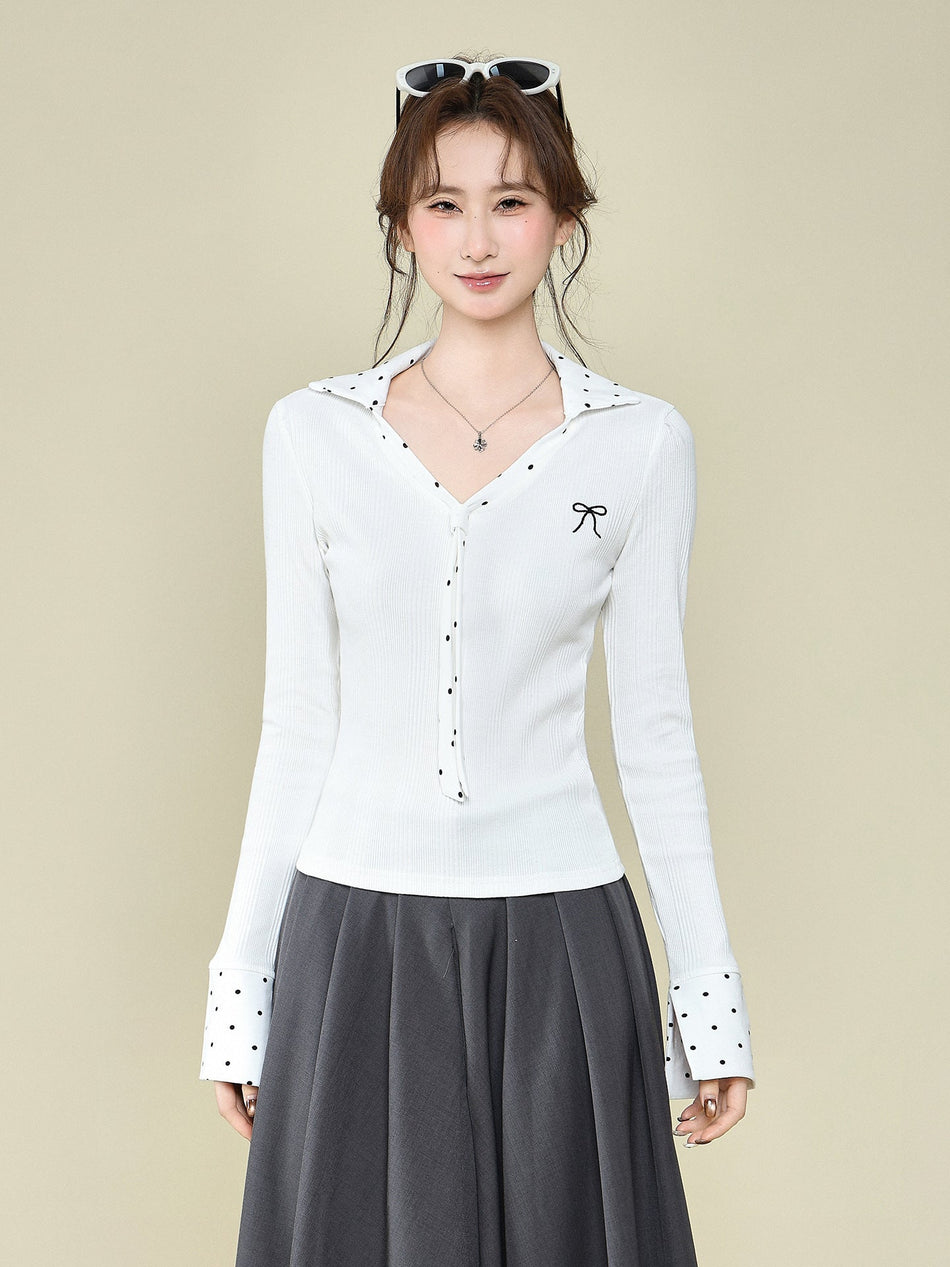 White Polka Dot Lace Bow Slim Fit Long Sleeve Top