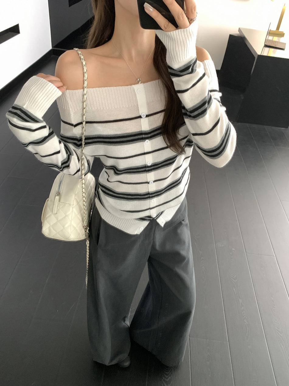 Vintage Striped Color Block Knit Cardigan Women