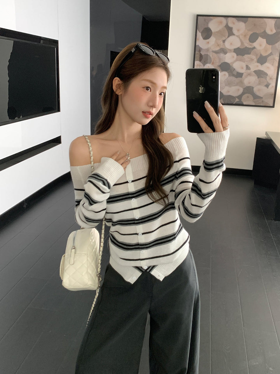 Vintage Striped Color Block Knit Cardigan Women