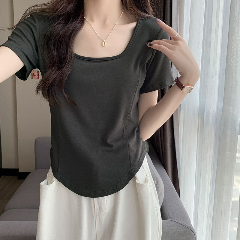 Square Neck Slim Fit Short Sleeve T-Shirt Women