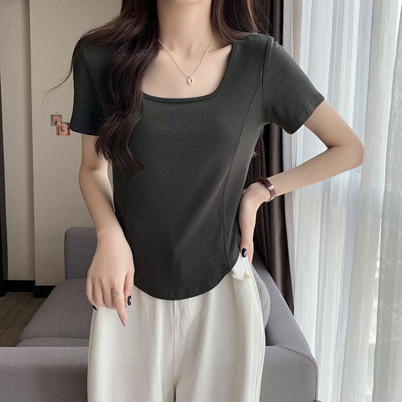Square Neck Slim Fit Short Sleeve T-Shirt Women