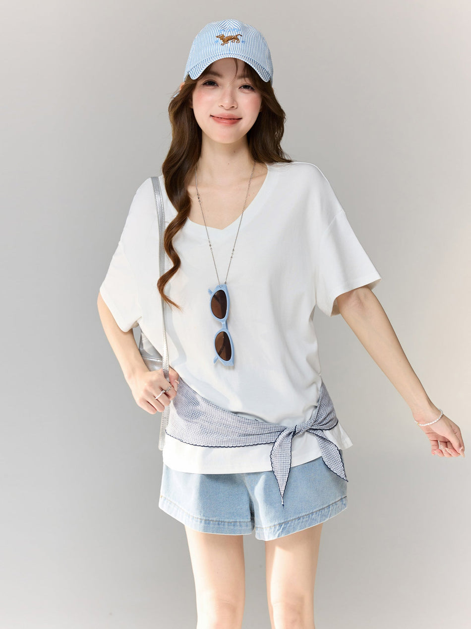 White V-Neck Short Sleeve Slim Fit T-Shirt Women