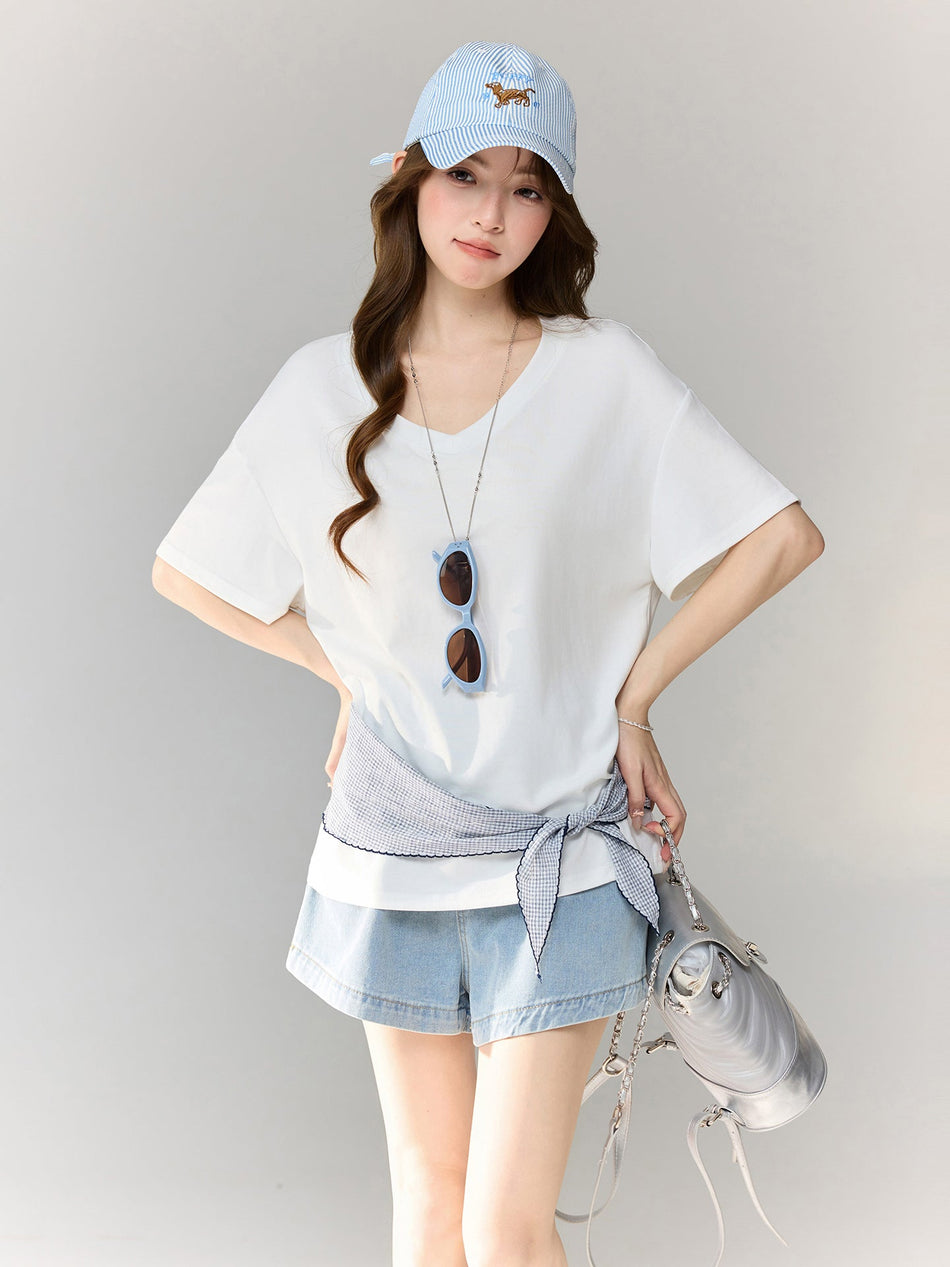 White V-Neck Short Sleeve Slim Fit T-Shirt Women