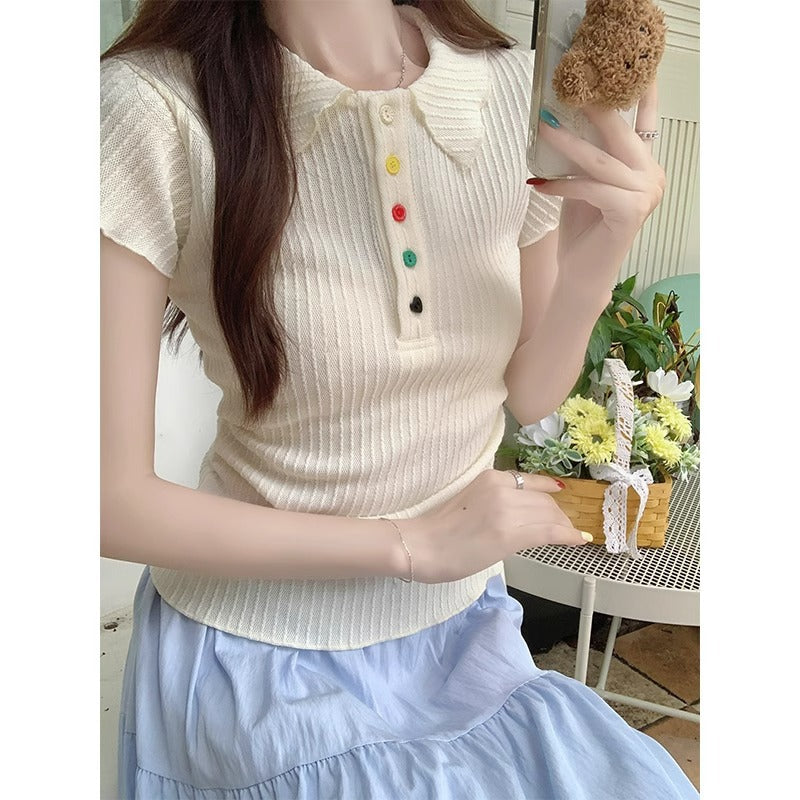 Colorful Button Polo Slim Fit Short Sleeve T-Shirt Women