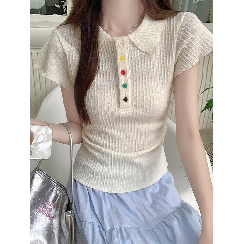 Colorful Button Polo Slim Fit Short Sleeve T-Shirt Women