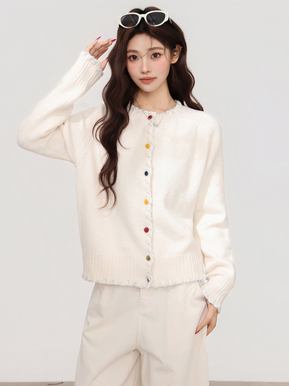 Thick Knitted Cardigan Round Neck Women Long Sleeve