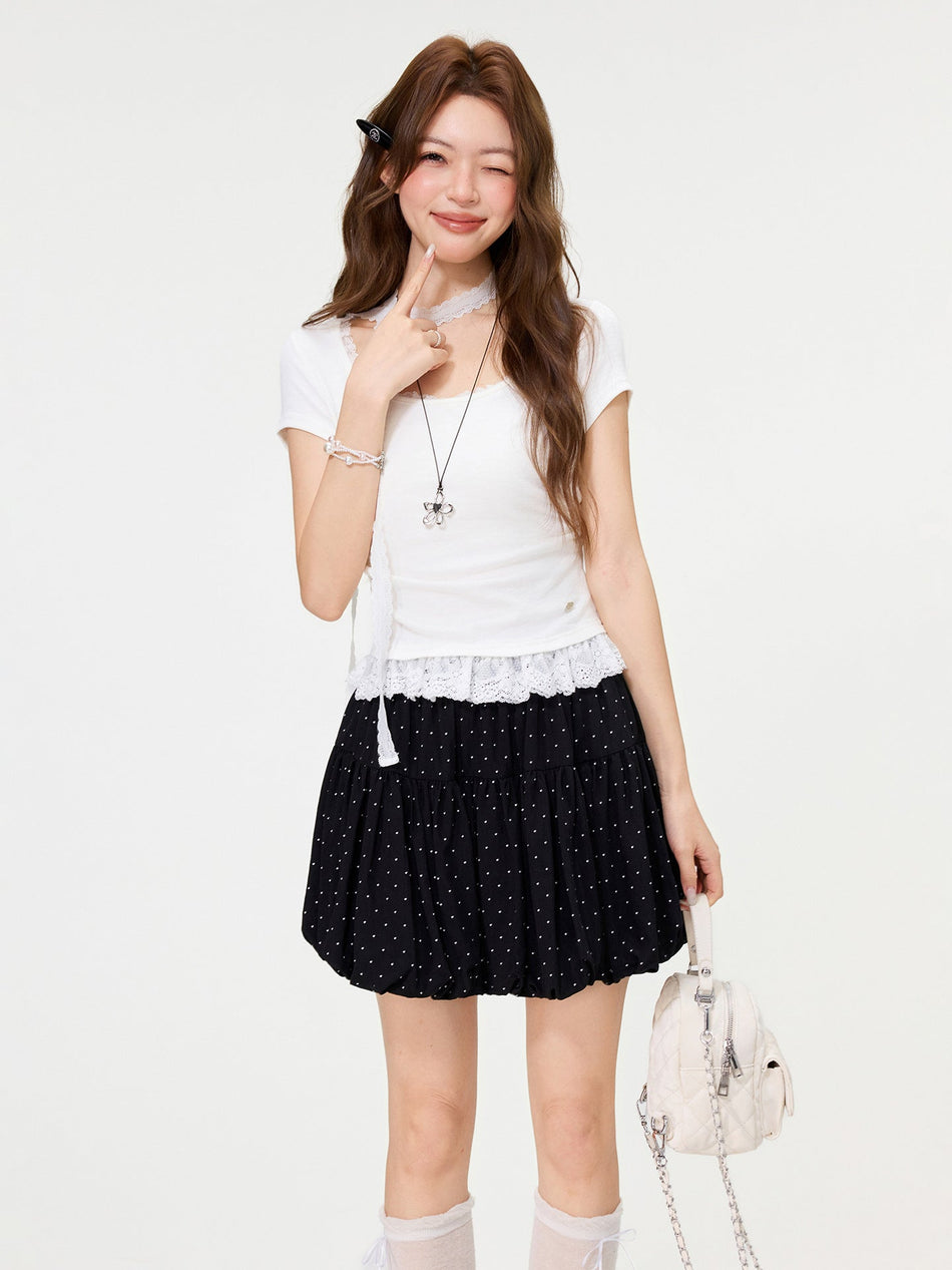 White Lace Hem Low Neck Slim Fit Short Sleeve T-Shirt