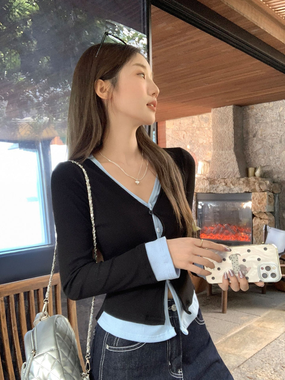 V-Neck Fake Two-Piece Knit Long Sleeve Top Women