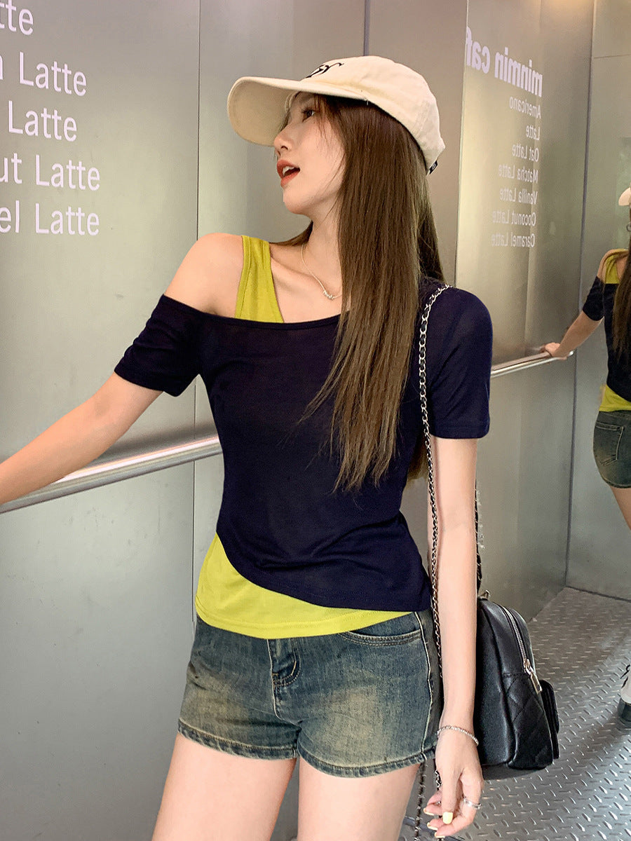 Off Shoulder Fake Two-Piece Short Sleeve T-Shirt Women