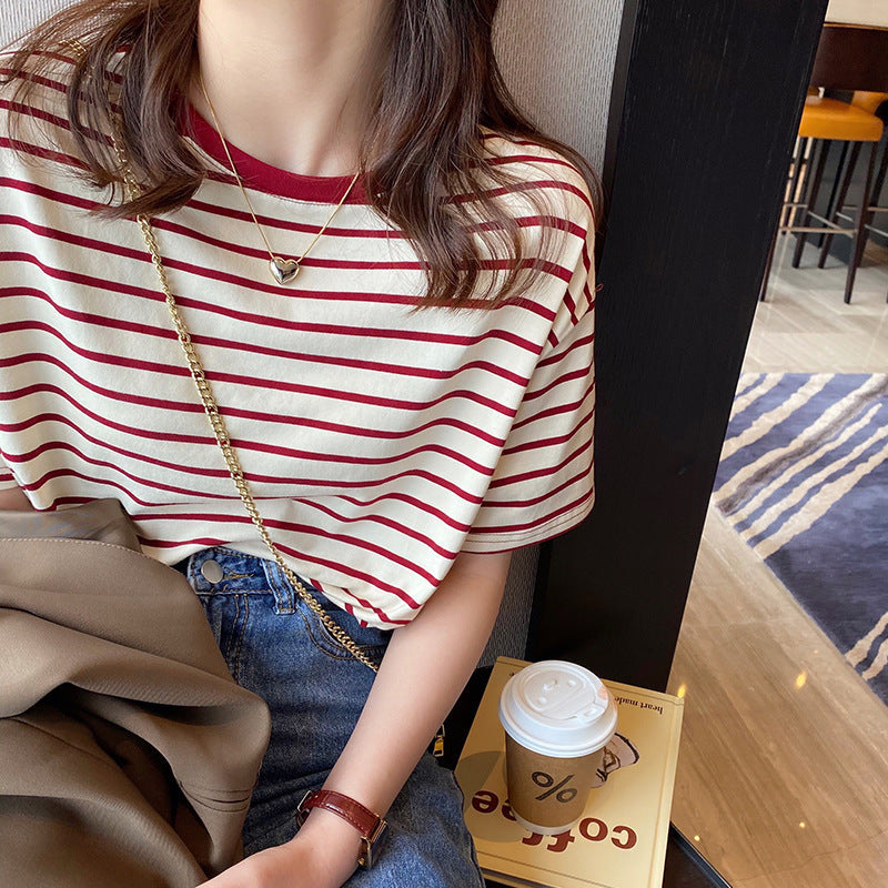 Striped Cotton Loose Fit Short Sleeve T-Shirt Women