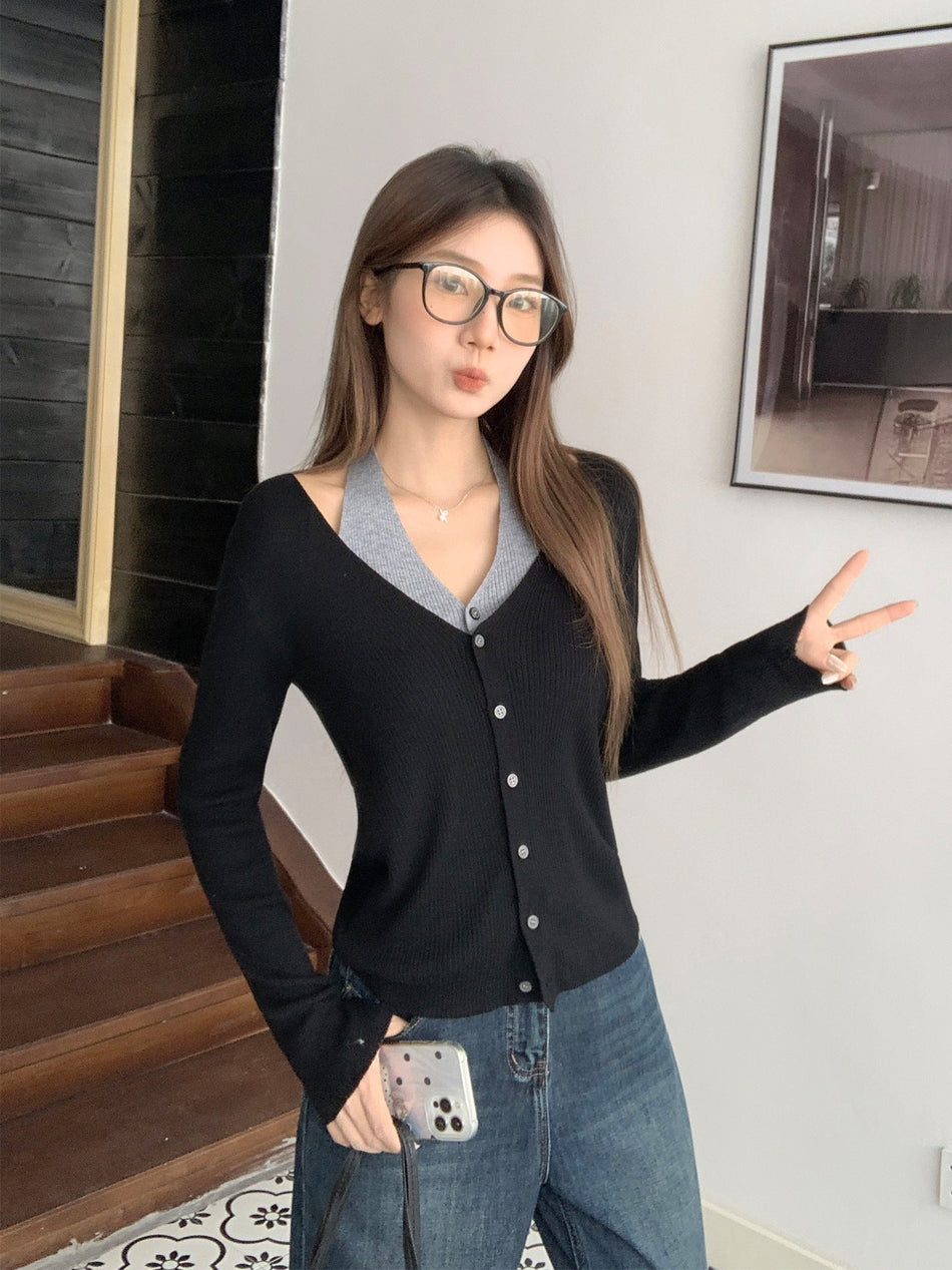 Color Block V-Neck Knit Cardigan Faux Two-Piece Women